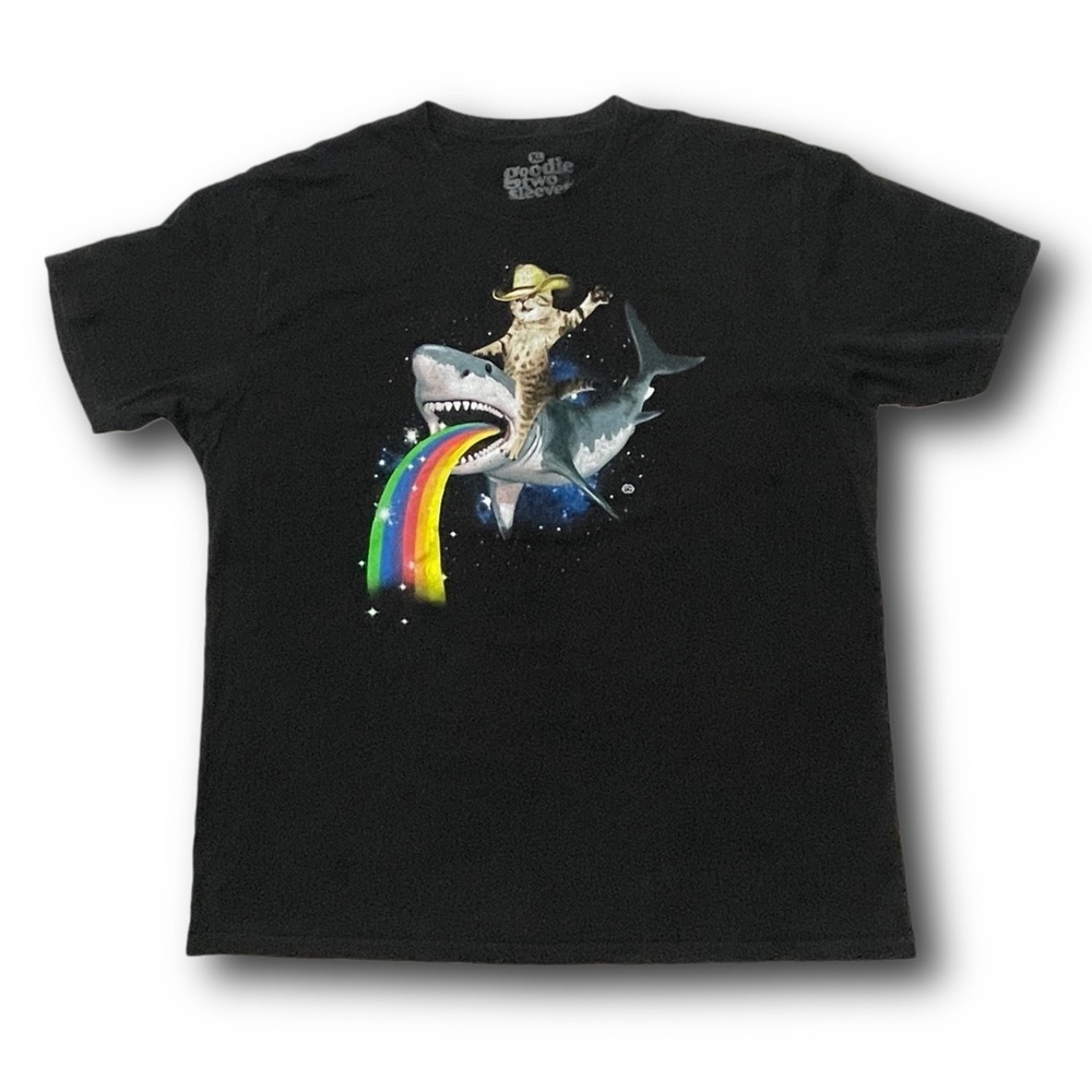 Kitty cat riding a rainbow shark in space funny epic graphic t-shirt - size XL
